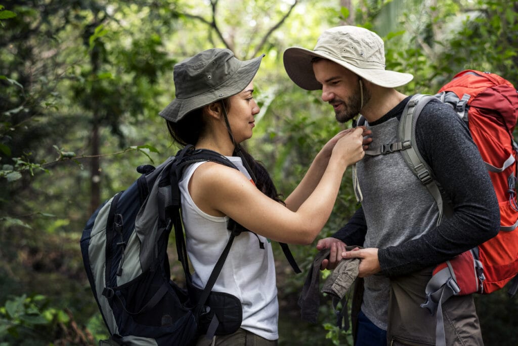 hikers with bird watching hats